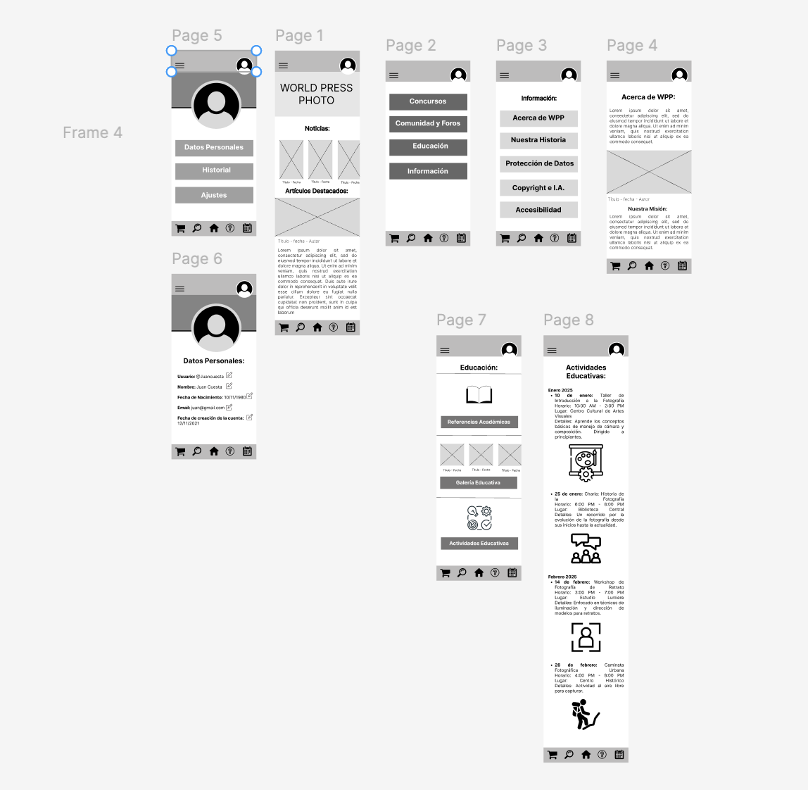 UX design wireframes and presentation